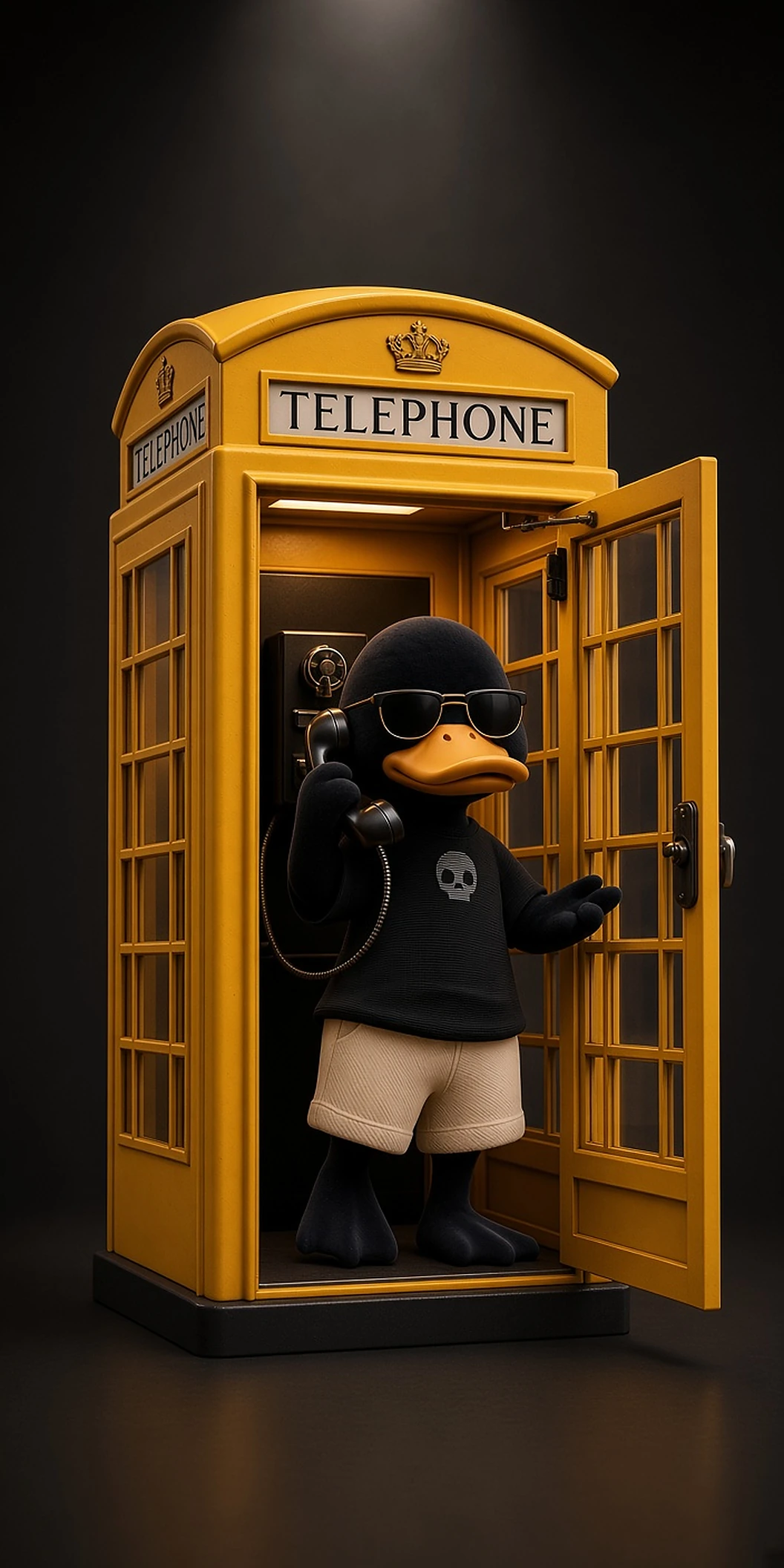 Black Duck on the phone in a yellow British telephone box